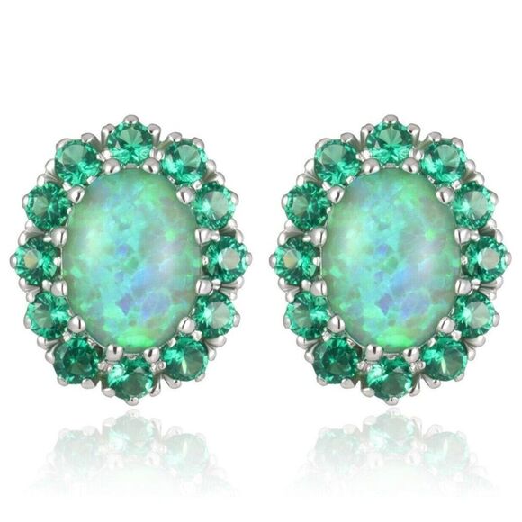 14K White Gold with Green Fire Opal and Green Quartz Oval Post Stud Earrings - Picture 1 of 5